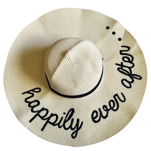 HAPPILY EVER AFTER... Cream & Black Wide Brim 100% Natural Straw Floppy Hat - Picture 1 of 5